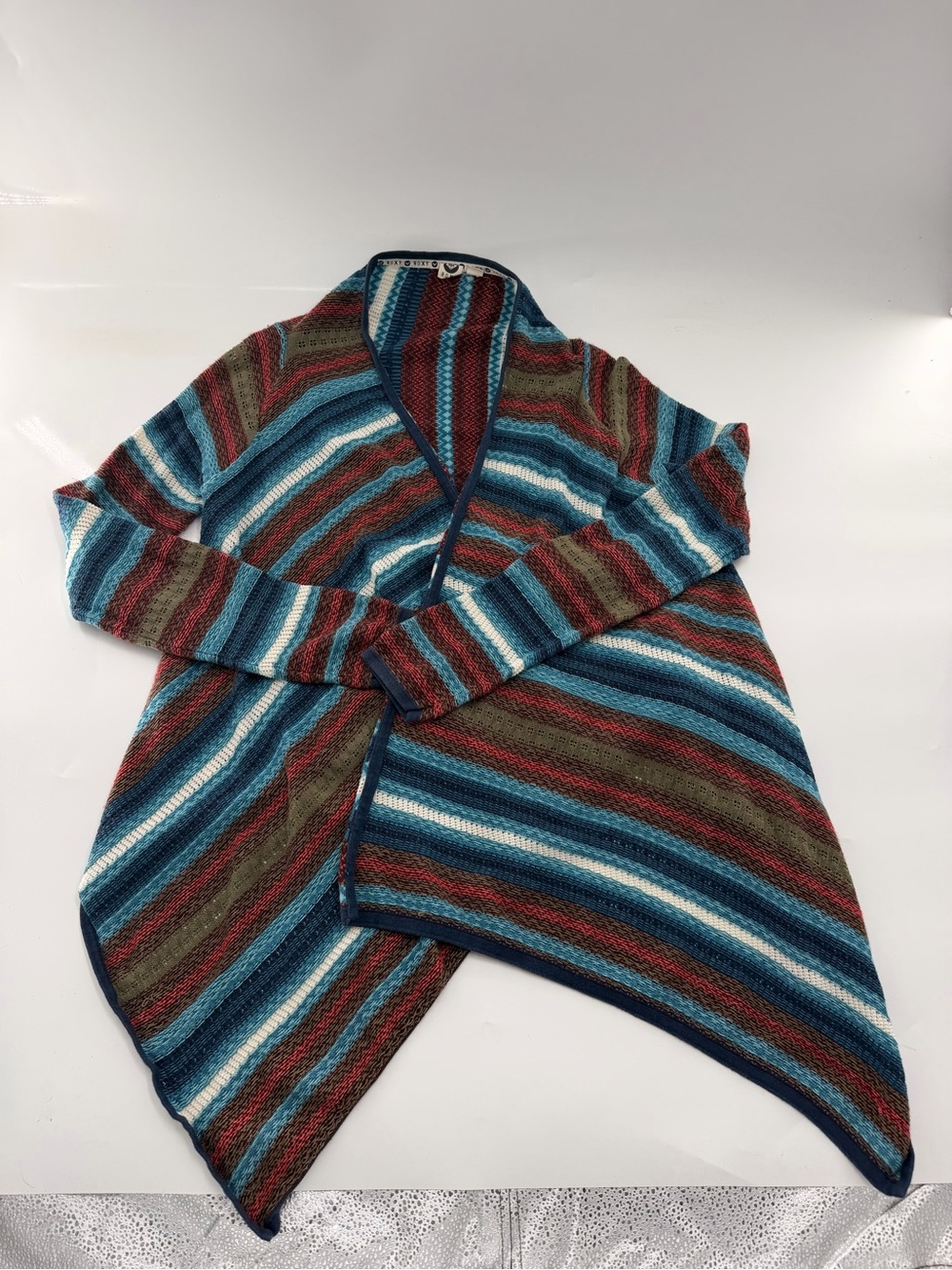 Roxy Women’s Cardigan Sweater Blue Green Orange Striped Multi Color Large